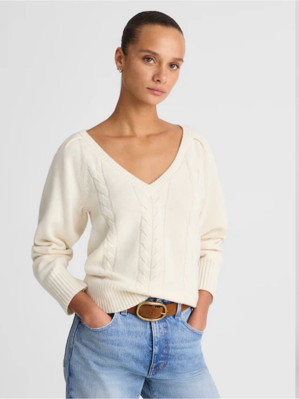 Madewell V-Neck Merino Wool Cable Knit Sweater Arctic XXS NWT